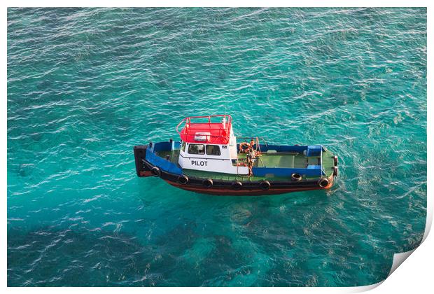 Red White and Blue Pilot Boat in Aqua Water Print by Darryl Brooks