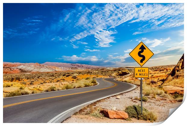 Road Sign for Curves in Desert Print by Darryl Brooks