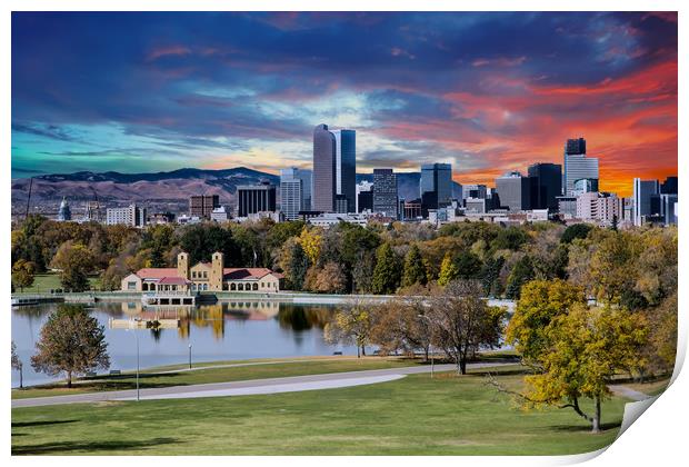 Denver Skyline and Mountains Beyond Lake Print by Darryl Brooks