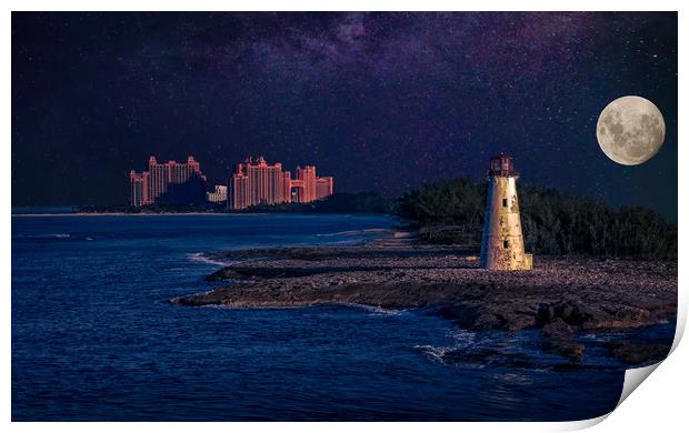 Lighthouse and Resort in Bahamas at Night Print by Darryl Brooks