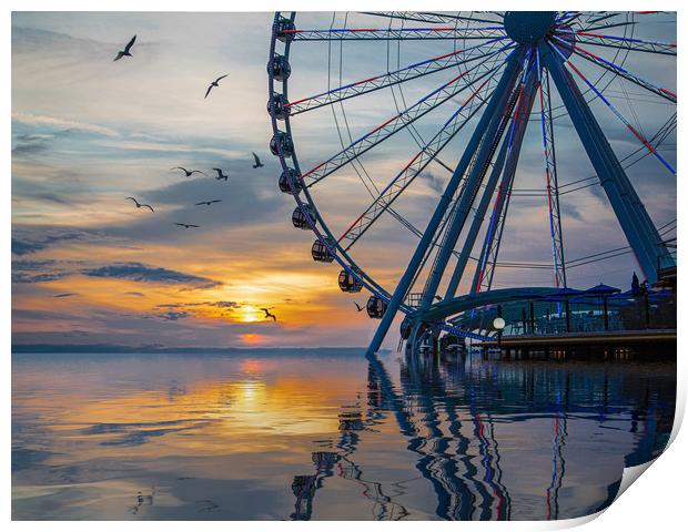 Great Wheel at Sunset with Birds Print by Darryl Brooks
