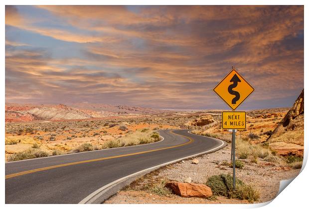 Curves 4 Miles in Desert Sunset Print by Darryl Brooks