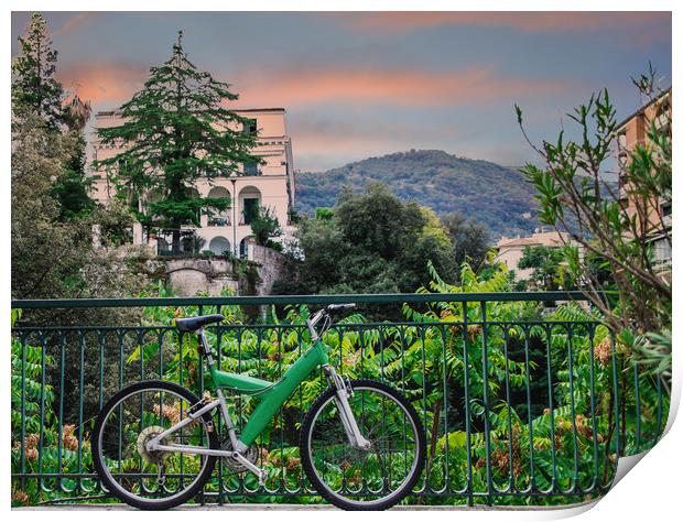 Green Bicycle on Sorrento Patio Print by Darryl Brooks