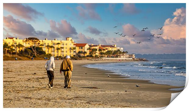 Old Couple Walking up Empty  Beach Print by Darryl Brooks