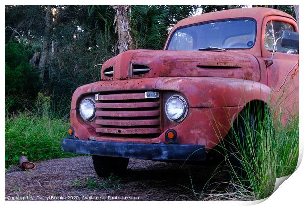 Old Red Truck by Grass Print by Darryl Brooks