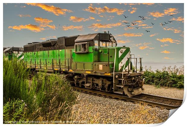 Burlington Northern Train on Edge of Sea Print by Darryl Brooks