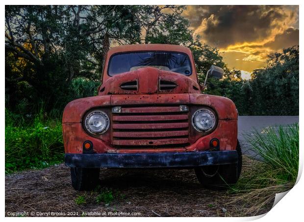 Old Red Truck at Sunset Print by Darryl Brooks
