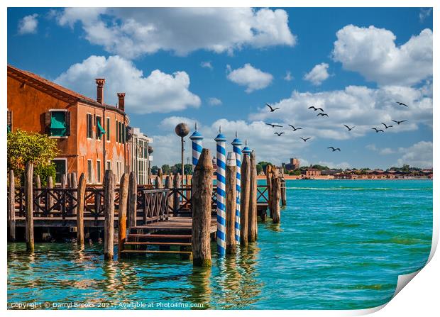 Boat Dock on Old Venice Building Print by Darryl Brooks