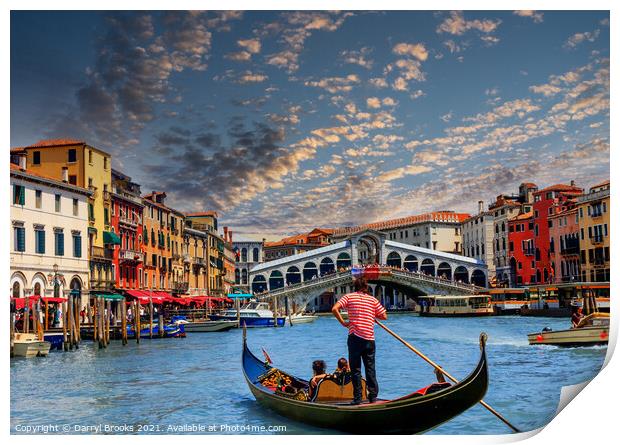 Gondola on Grand Canal at Rialto Bridge Print by Darryl Brooks