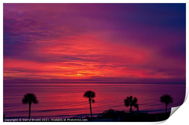 Palms in Silhouette Against Purple Sunrise Print by Darryl Brooks