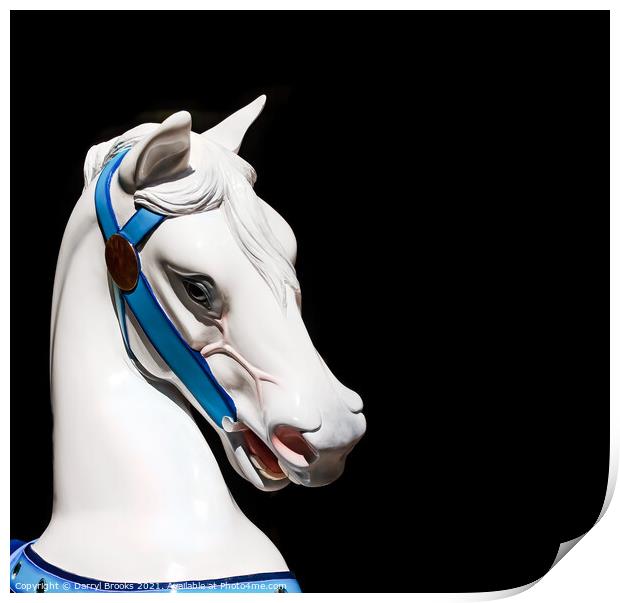 White Carousel Horses Head on Black Background Print by Darryl Brooks
