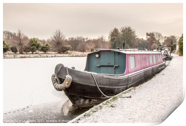 Narrowboat in Winter Print by Liz Withey