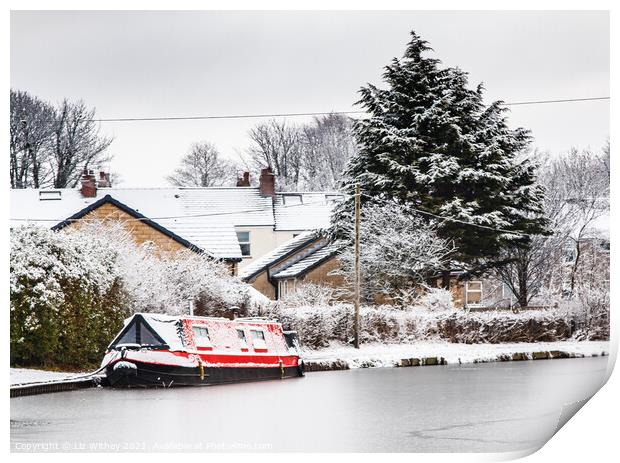 Red Narrowboat, Winter Print by Liz Withey