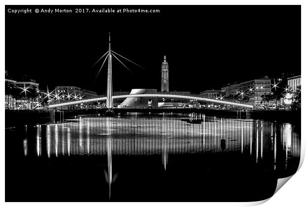 Bassin Du Commerce Bridge At Night In Le Havre, Fr Print by Andy Morton