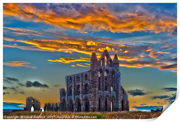 Dramatic sky's sunset whitby abbey Print by David Ackroyd