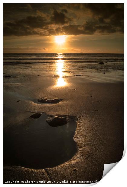 the beach at sun set Print by Sharon Smith