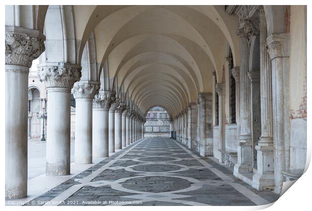 Impressive outside passageway of the Doge's Palace in Venice.  Print by Sarah Smith