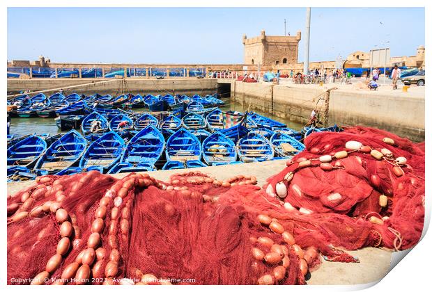 Boats and nets in Essaouira Harbour, Morocco Print by Kevin Hellon