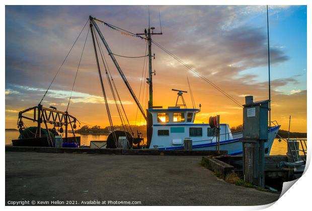 Fishing boats at sunrise. Print by Kevin Hellon