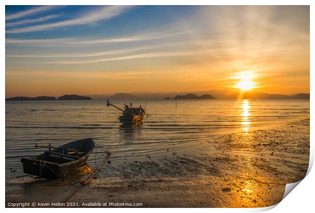 Boats at sunrise, Koh Phayam, Thailand Print by Kevin Hellon