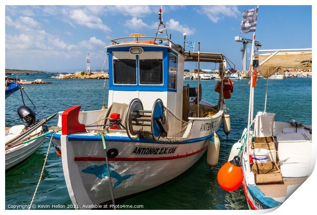 Greek fishing boat in harbour, Print by Kevin Hellon