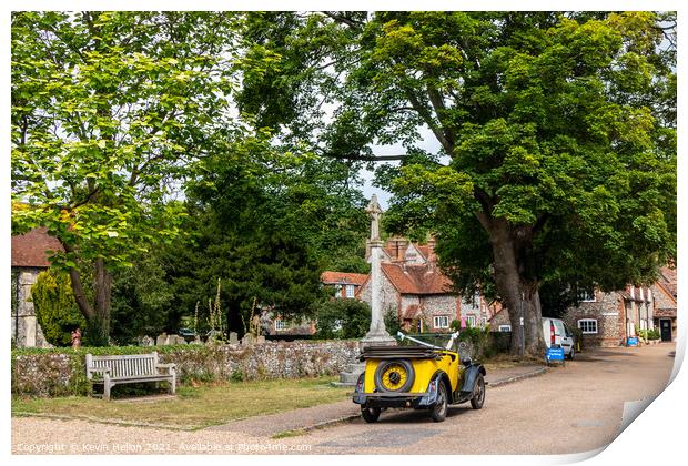 Vintage car outside the church in Hambleden, Print by Kevin Hellon