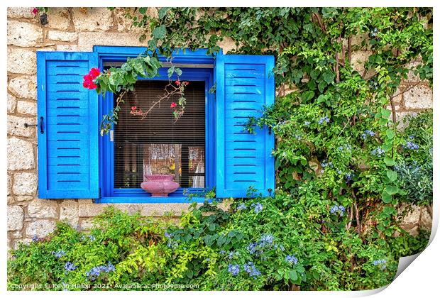 Blue window with shutters and flowers, Alacati, Print by Kevin Hellon