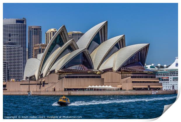 A boat powers past the Sydney Opera House, in the  Print by Kevin Hellon
