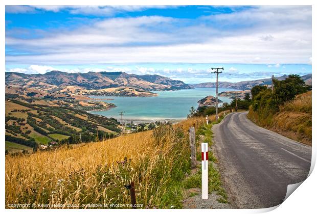 Road through the grasslands and hills of Akaroa Print by Kevin Hellon