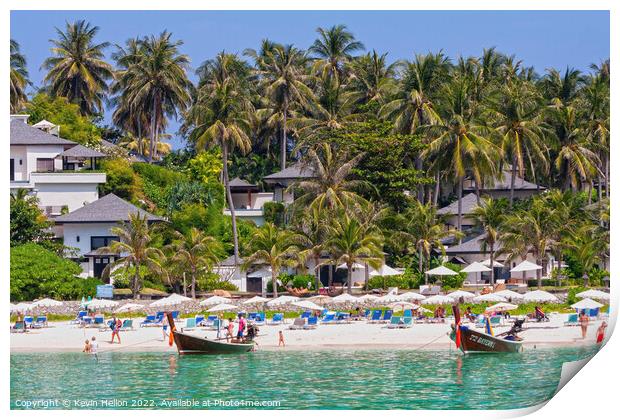 Beach and long tail boats, Koh Racha Yai Print by Kevin Hellon