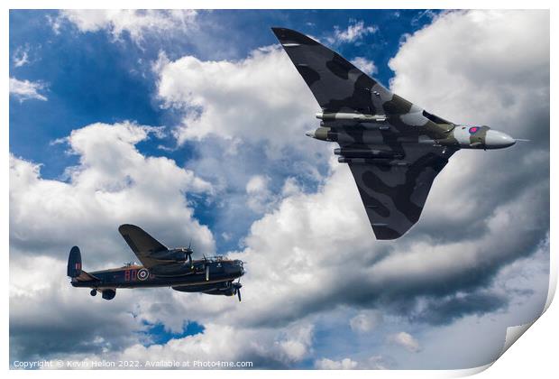Avro Vulcan Bomber XH558 and Lancaster bomber in flight Print by Kevin Hellon