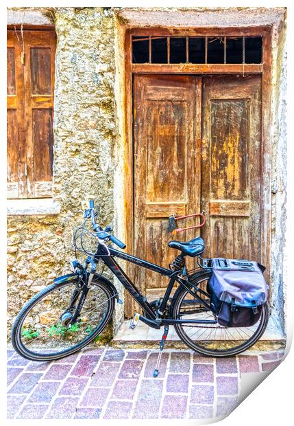 Bicycle and old doors Print by Kevin Hellon
