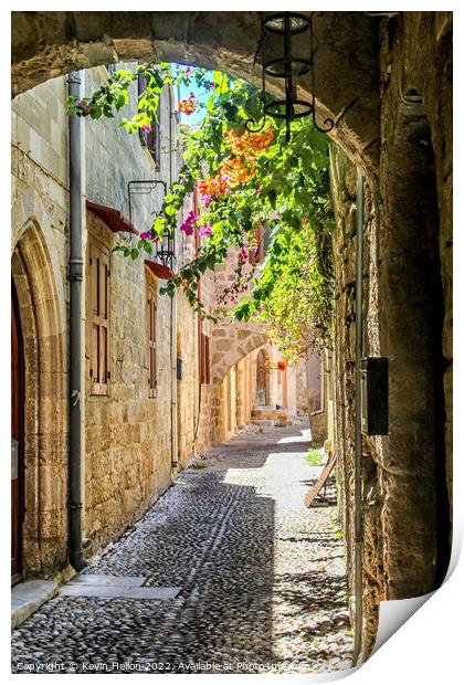 Narrow street in Rhodes old town, Greece Print by Kevin Hellon