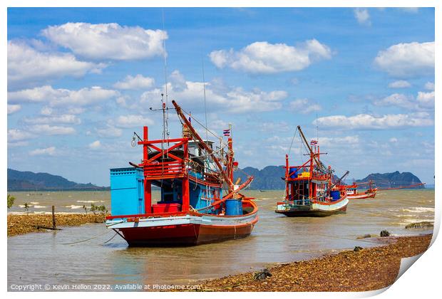 Thai fishing boats anchored in Koh Lanta, Krabi, Thailand Print by Kevin Hellon