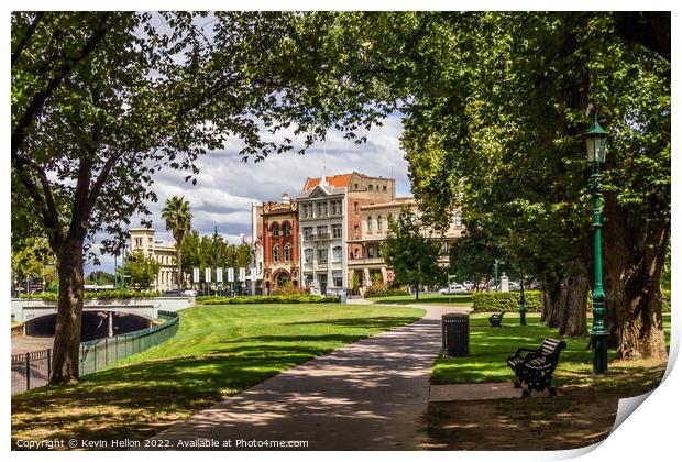 Historic buildings from Queens gardens, Rosalind Park, Bendigo,  Print by Kevin Hellon