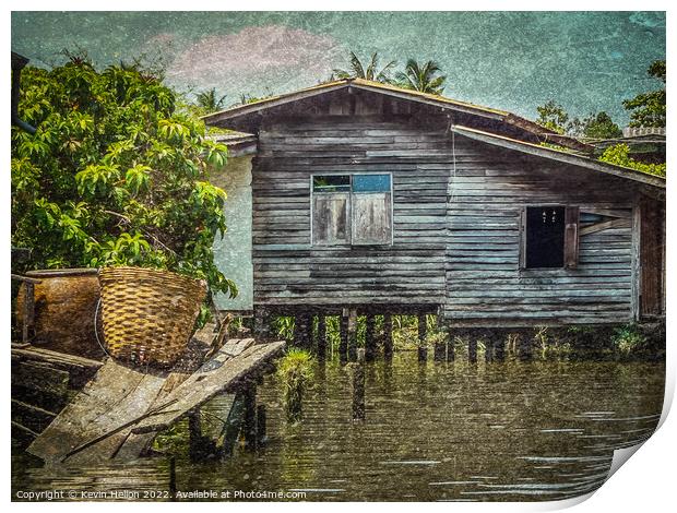 Old teak house on a canal in Thonburi, Bangkok, Thailand Print by Kevin Hellon
