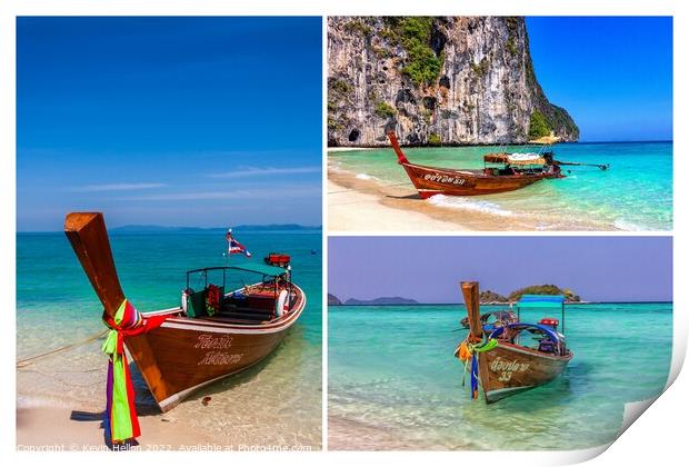 Long tail boats triptych, Thailand Print by Kevin Hellon