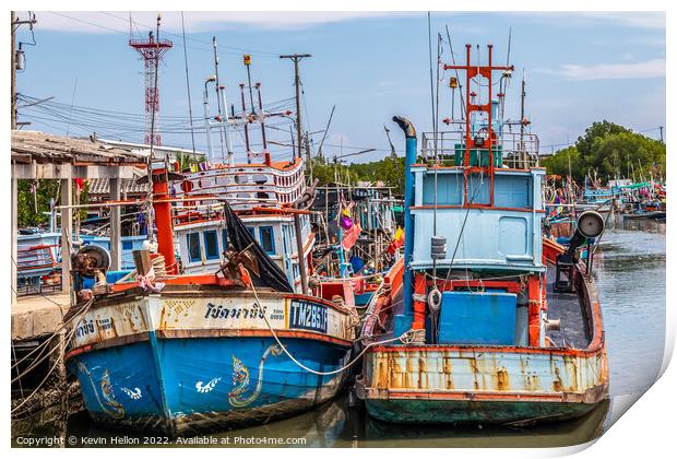 Thai fishing boats in harbour Print by Kevin Hellon