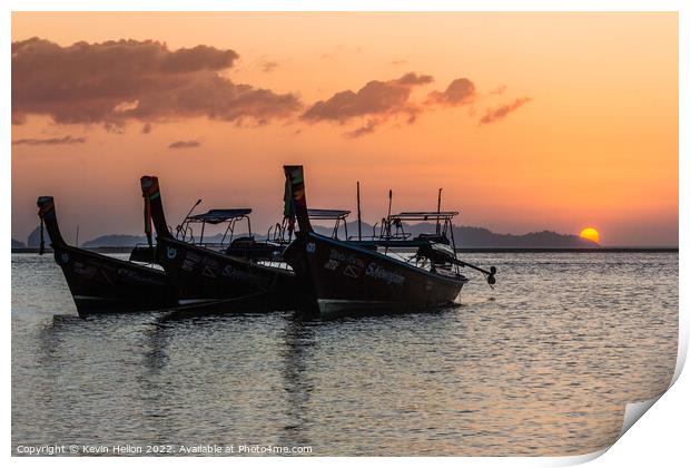 Long tail boats at sunrise. Print by Kevin Hellon