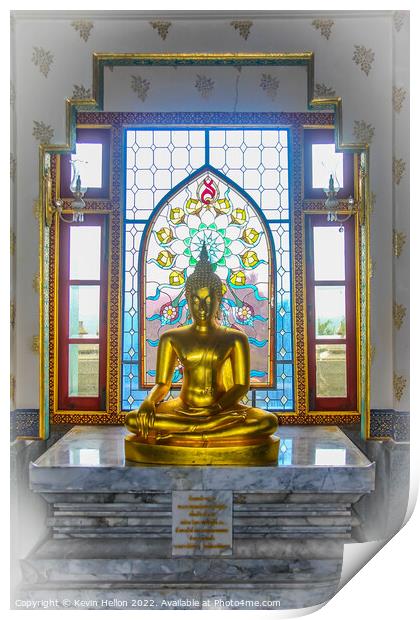 Buddha statue and stained glass window, Wat Tang Sai  Print by Kevin Hellon