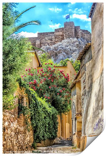 Narrow street in the Plaka district below the Acro Print by Kevin Hellon
