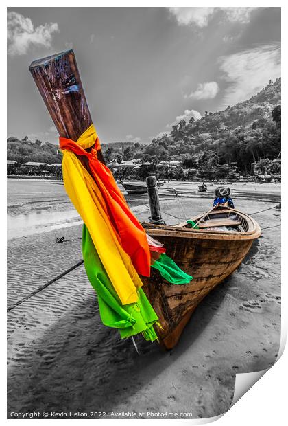 Long tail boat with colourful prow ribbons on Nai Yang Beach, Ph Print by Kevin Hellon