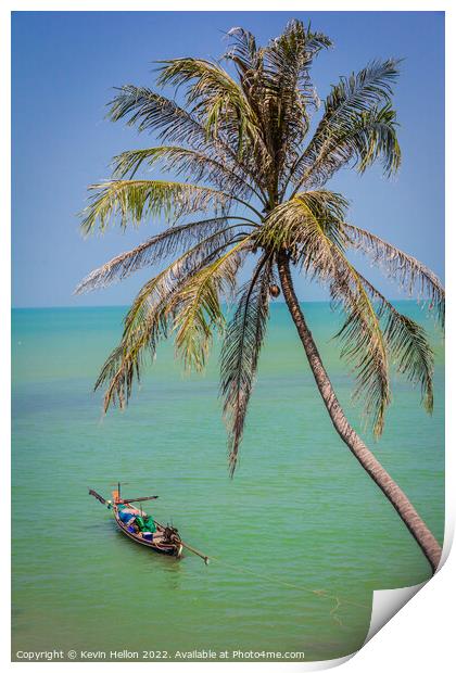 Cocnut palm and long tail boat Print by Kevin Hellon