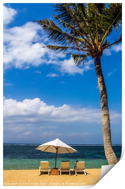 Beach umbrella and chairs, Sanur Beach Print by Kevin Hellon