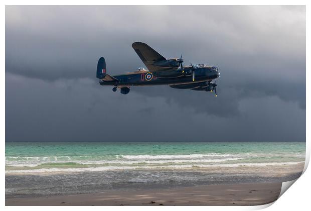 Lancaster bomber over the sea and under a dark, cloudy sky Print by Kevin Hellon