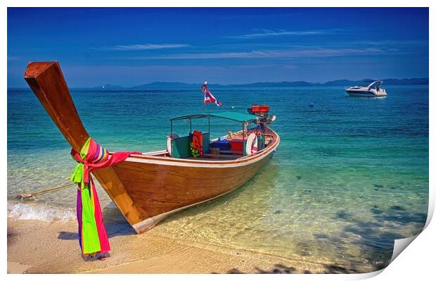 Long tail boat with power boat in the background on Koh Naka isl Print by Kevin Hellon
