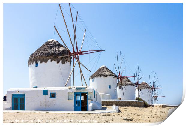 Iconic windmills, Mykonos, Greece Print by Kevin Hellon