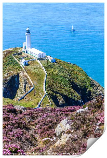 A yacht sails past the North Stack lighthouse Print by Kevin Hellon