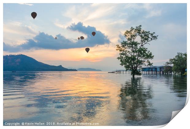 Hot air balloons and mangrove tree Print by Kevin Hellon
