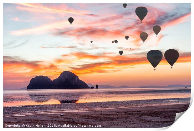 Hot air balloons over Hua Hin beach, Trang, Thaila Print by Kevin Hellon